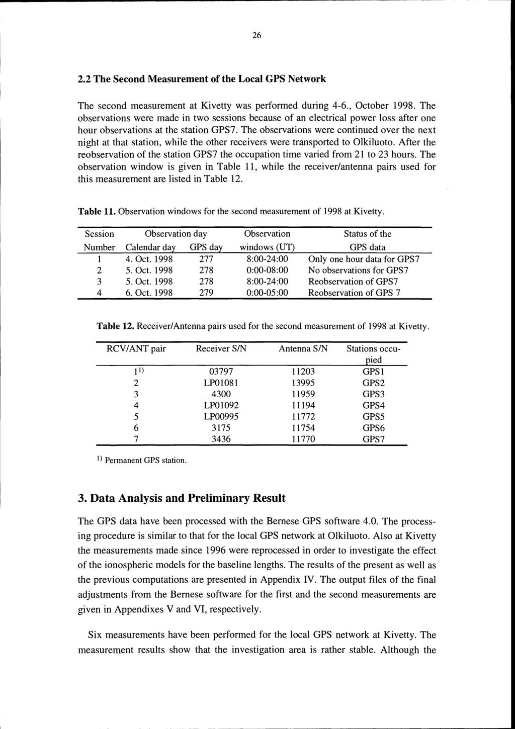 --------------------------------------~~~-~- 26 2.2 The Second Measurement of the Local GPS Network The second measurement at Kivetty was performed during 4-6., October 1998.