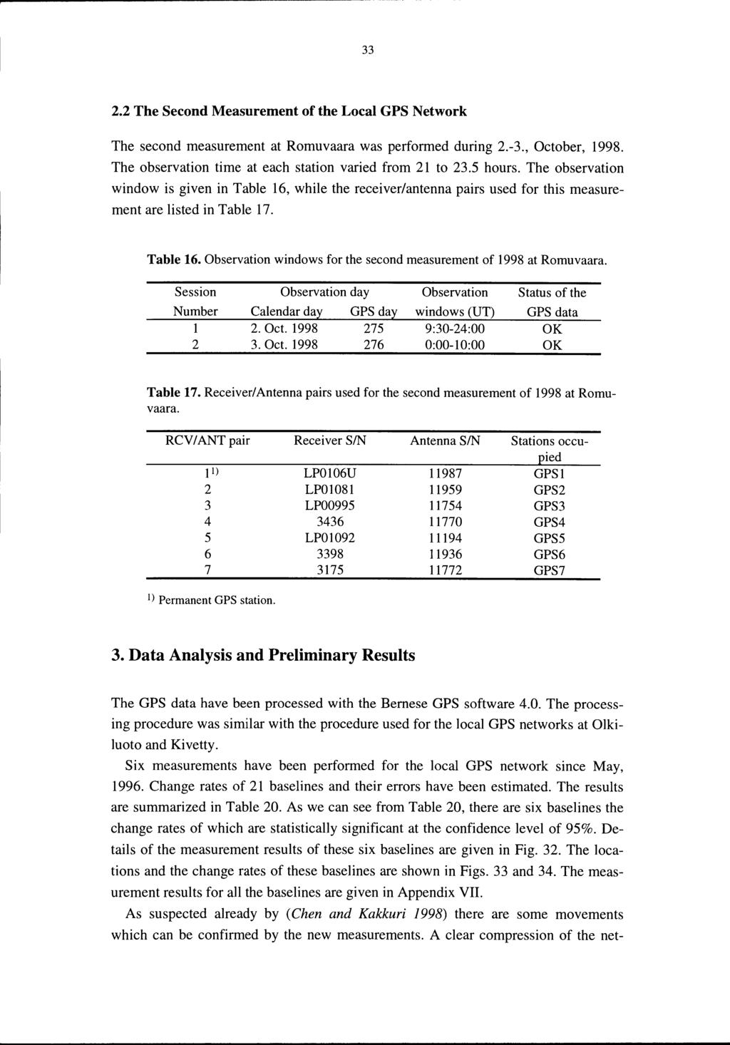 33 2.2 The Second Measurement of the Local GPS Network The second measurement at Romuvaara was performed during 2.-3., October, 1998. The observation time at each station varied from 21 to 23.5 hours.
