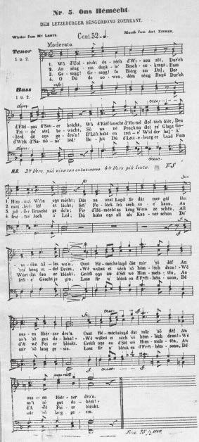 - Ons Heemecht wurde erst 1920 offiziell als Nationalhymne anerkannt; Ons Heemecht, op. 72 (Text: Michel Lentz) für 4st. MCh.