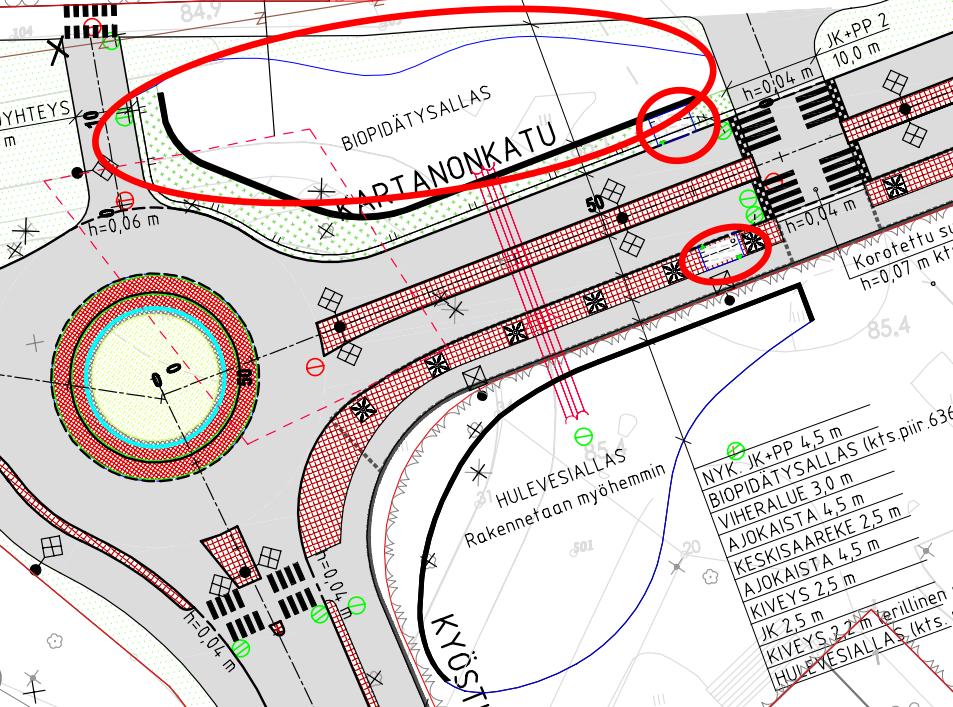 15 Kuva 23. Liikenneympyrän viereen toteutettiin alkuperäisen suunnitelman mukaan biopidätys allas ja Kartanokadun alkuun suunnitellut kaksi hulevesitaskua toteutettiin myös (ympyröity punaisella).
