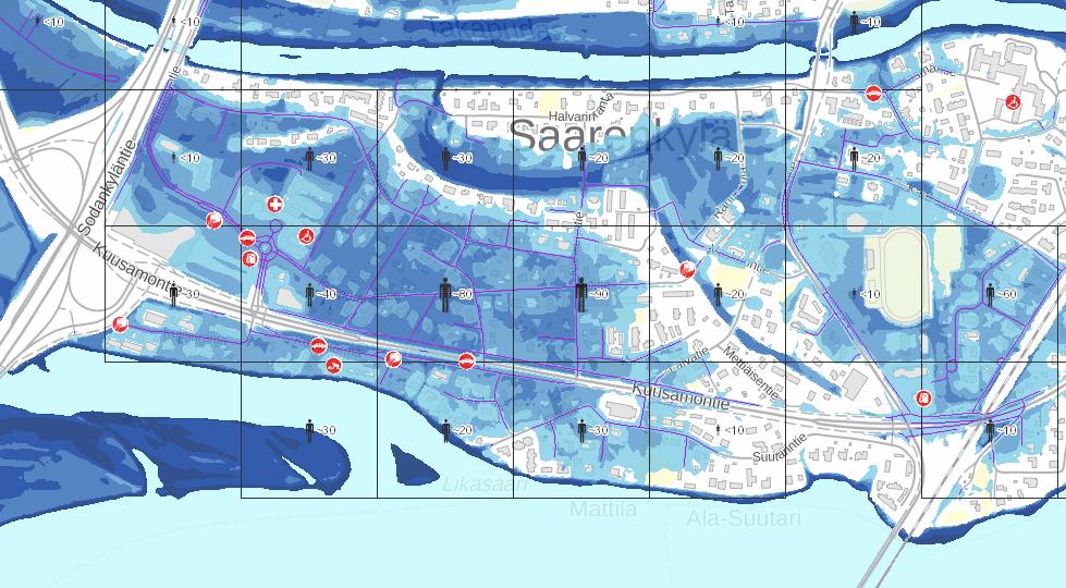 Ote Rovaniemen tulvariskikartasta (toistuvuus 1/100a)