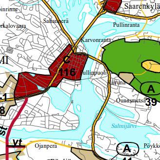 Suunnittelualue rajattu punaisella katkoviivalla. Kaavamuutosalue sijaitsee Rovaniemen kaupungin 1. kaupunginosassa. Alue muodostuu korttelissa 38.