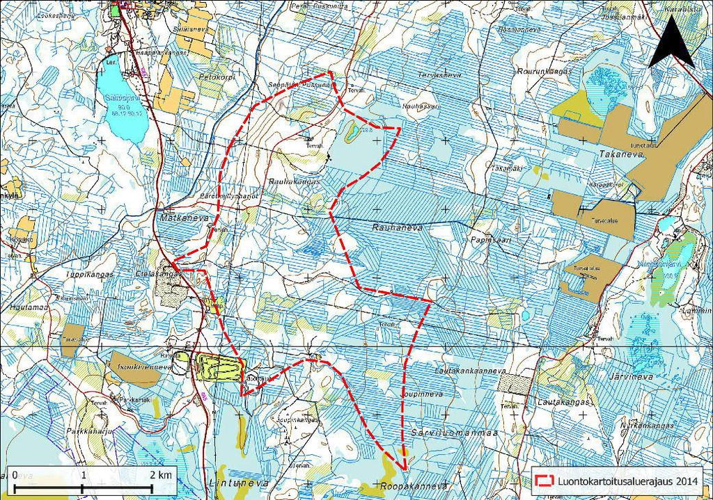 Kuva 1. Joupinkankaan tutkimusalue on merkitty karttaan punaisella katkoviivalla. TUTKIMUSMENETELMÄT Lepakkoselvityksiä on tehty Suomessa melko niukasti, eikä vakiintuneita menetelmiä vielä ole.