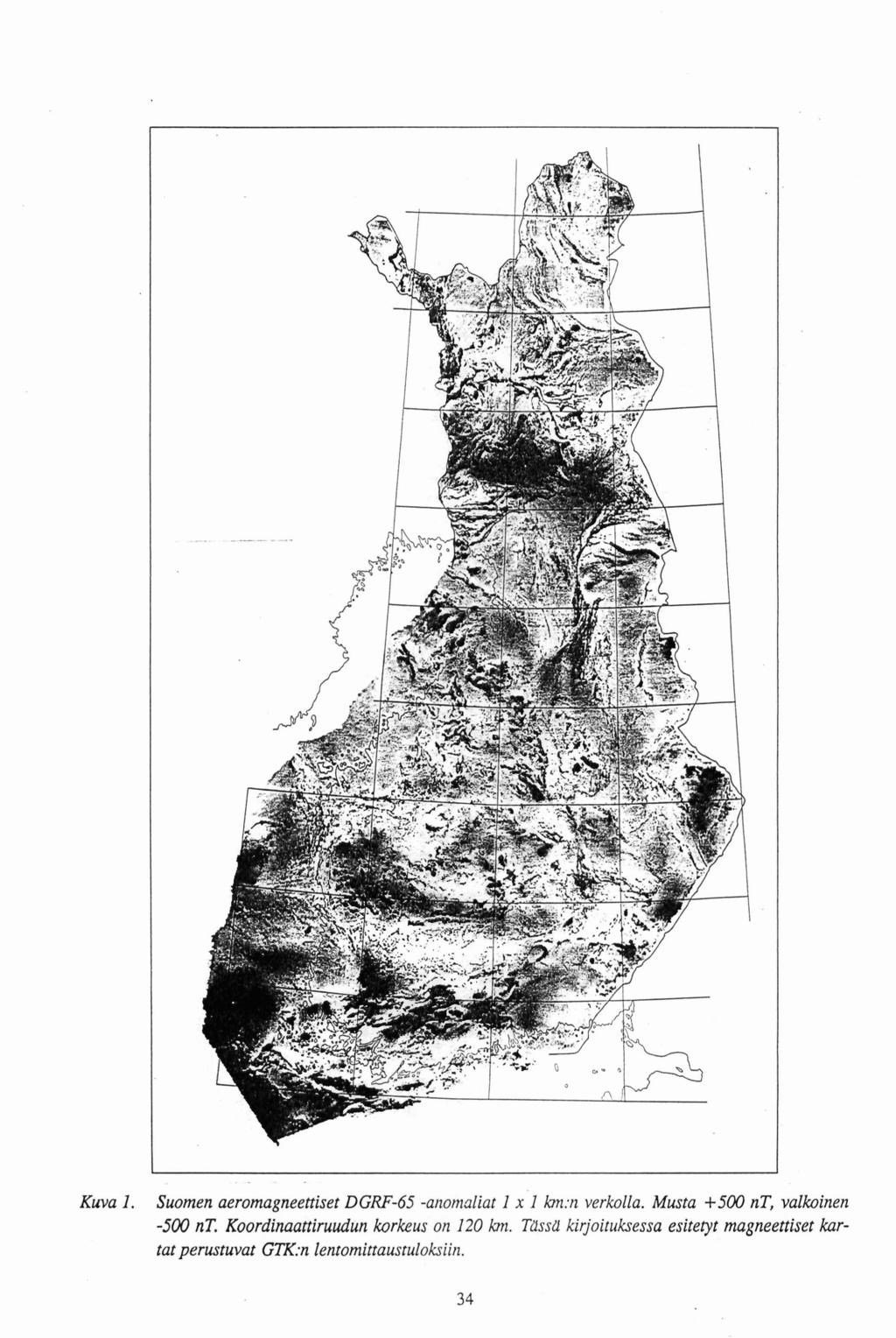 Kuva 1. Suomen aeromagneettiset DGRF-65 -anomaliat 1 x'l km:n verkolla. Musta +500 nt, valkoinen -500 nt.