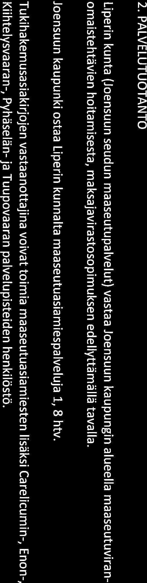 PALVELUTUOTANTO Liperin kunta (Joensuun seudun maaseutupalvelut) vastaa Joensuun kaupungin alueella maaseutuviran omaistehtävien hoitamisesta, maksajavirastosopimuksen edellyttämällä tavalla.