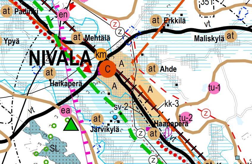 Ote maakuntakaavojen yhdistelmäkartasta (Pohjois-Pohjanmaan liitto, epävirallinen yhdistelmäkartta). 2.3 Yleiskaava Suunnittelualueella on voimassa Nivalan yleiskaava (hyväksytty 23.1.