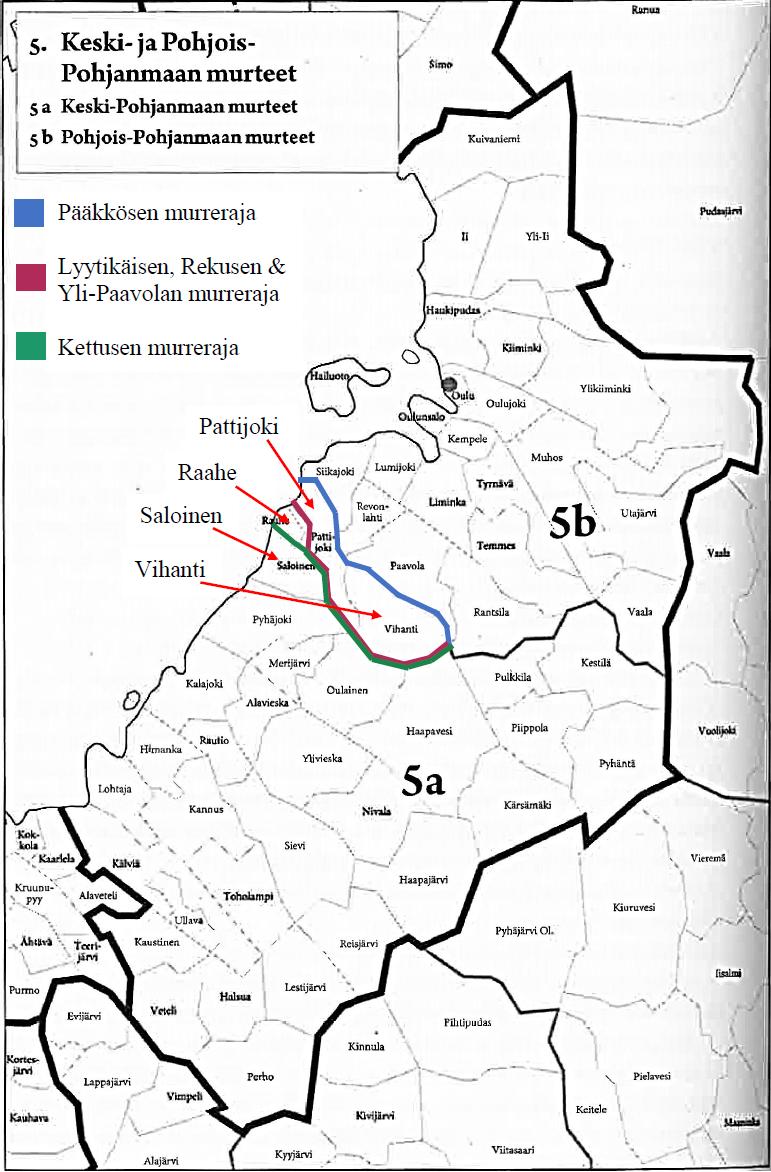 LIITE 2. Raahen murrerajojen sijainnit Keski- ja Pohjois-Pohjanmaan murteiden alueella.