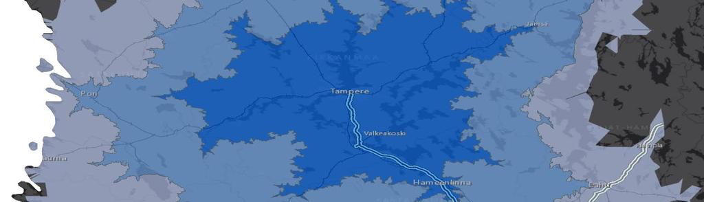 kahden tunnin vyöhykkeellä noin 3,2 miljoonaa asukasta Tampereen laajan 1,5 tunnin vaikutusalueen