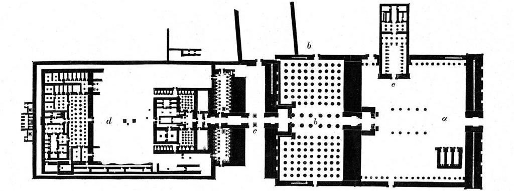 d c b e a Karnakin temppelin pohjapiirros. a. avoin peristyylisisäpiha jonka molemmissa päädyssä sijaitsee pyloni, b.