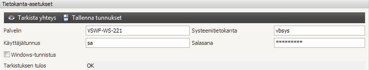 Lisenssitiedot. 2.4 Tietokanta-asetukset Syötä Palvelin- ym. tietokantayhteyteen tarvittavat tiedot ja napsauta Tarkista yhteys - nappia.