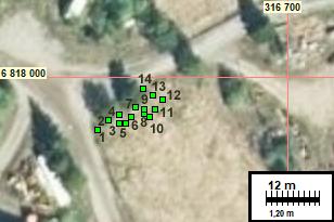 Koekuopat Koekuopat on merkitty vihrein neliöin ja numeroin. KK Koko ja syvyys N E nro. cm Kuvaus 1 6817987,88 316656,29 40 x 40, syv. 43 0-37 muokkauskerros, pieniä paloja tiiltä.