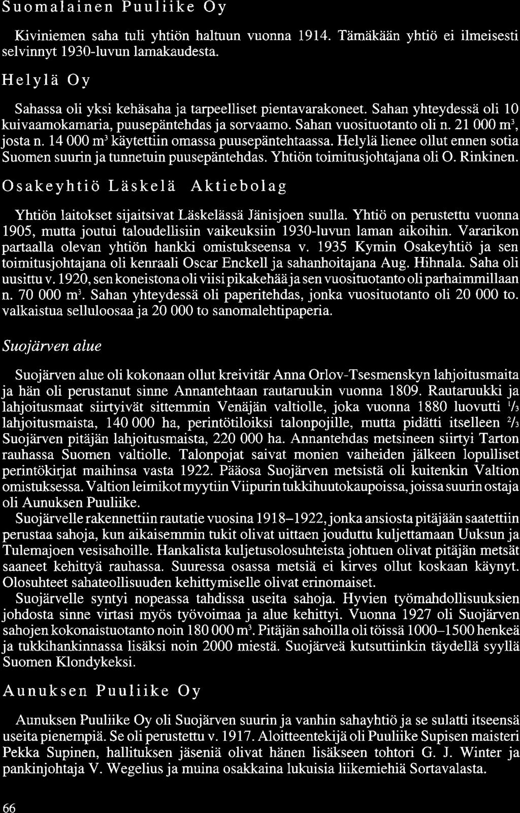 Suomalainen Puuliike Oy Kiviniemen saha tuli yhtiön haltuun vuonna 1914. Tämäkään yhtiö ei ilmeisesti selvinnyt 1930-luvun lamakaudesta.