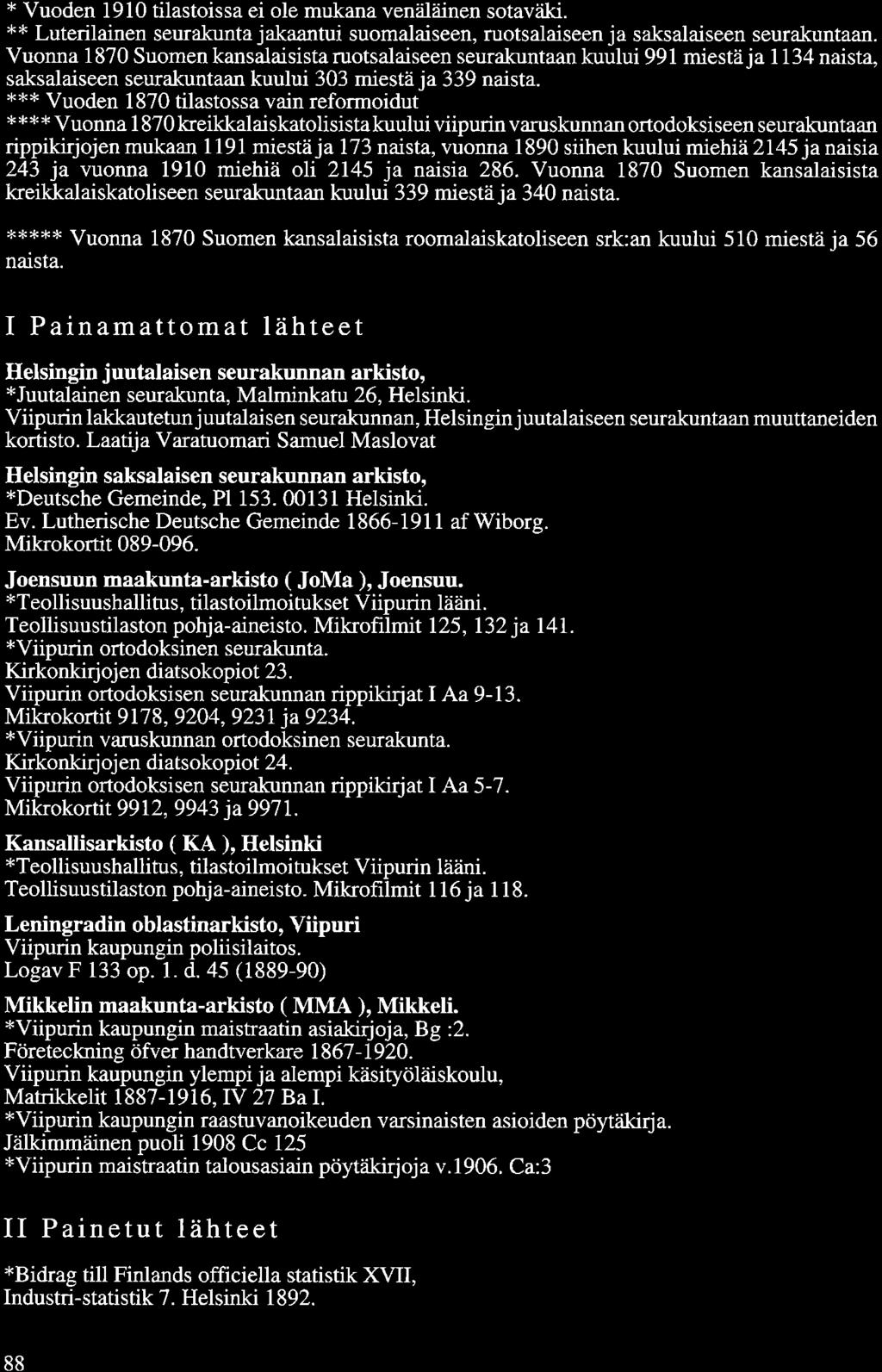 * Vuoden 1910 tilastoissa ei ole mukana venäläinen sotaväki. ** Luterilainen seurakunta jakaantui suomalaiseen, ruotsalaiseen ja saksalaiseen seurakuntaan.