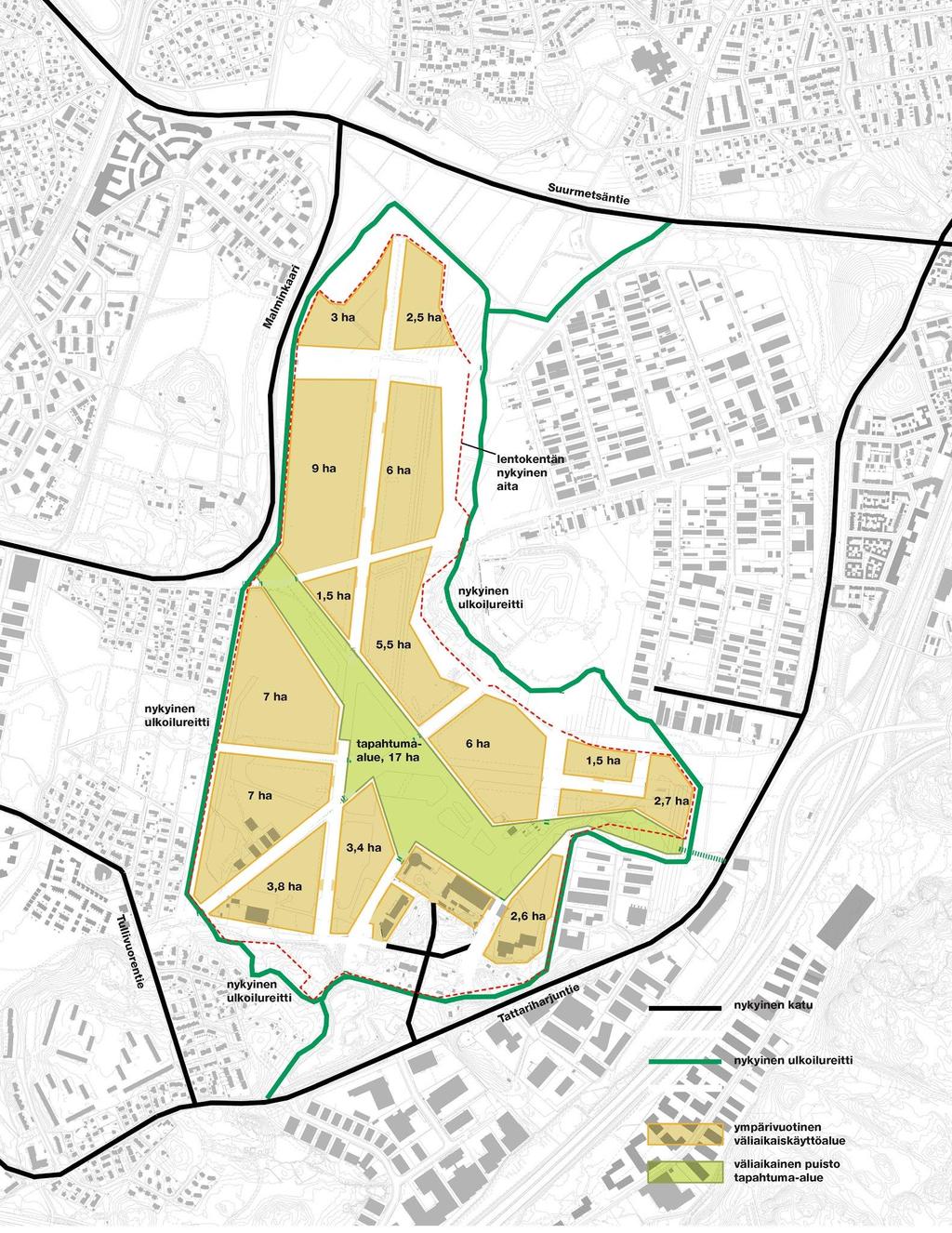 1. Lähtötiedot ja mitoitustilanteet Malmin kenttä on n. 130 hehtaarin alue (kuva 1.), jonka ympärille suunnitellaan 25 000 asukkaan asuntoaluetta.