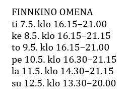 30 Tapiolasali) - Kotimaiseen juhlanäytökseen (Veeran maaginen elämä to 9.5. klo 19 Louhisali) - Päätösnäytökseen (They Shall Not Grow Old su 12.5. klo 20 Tapiolasali).