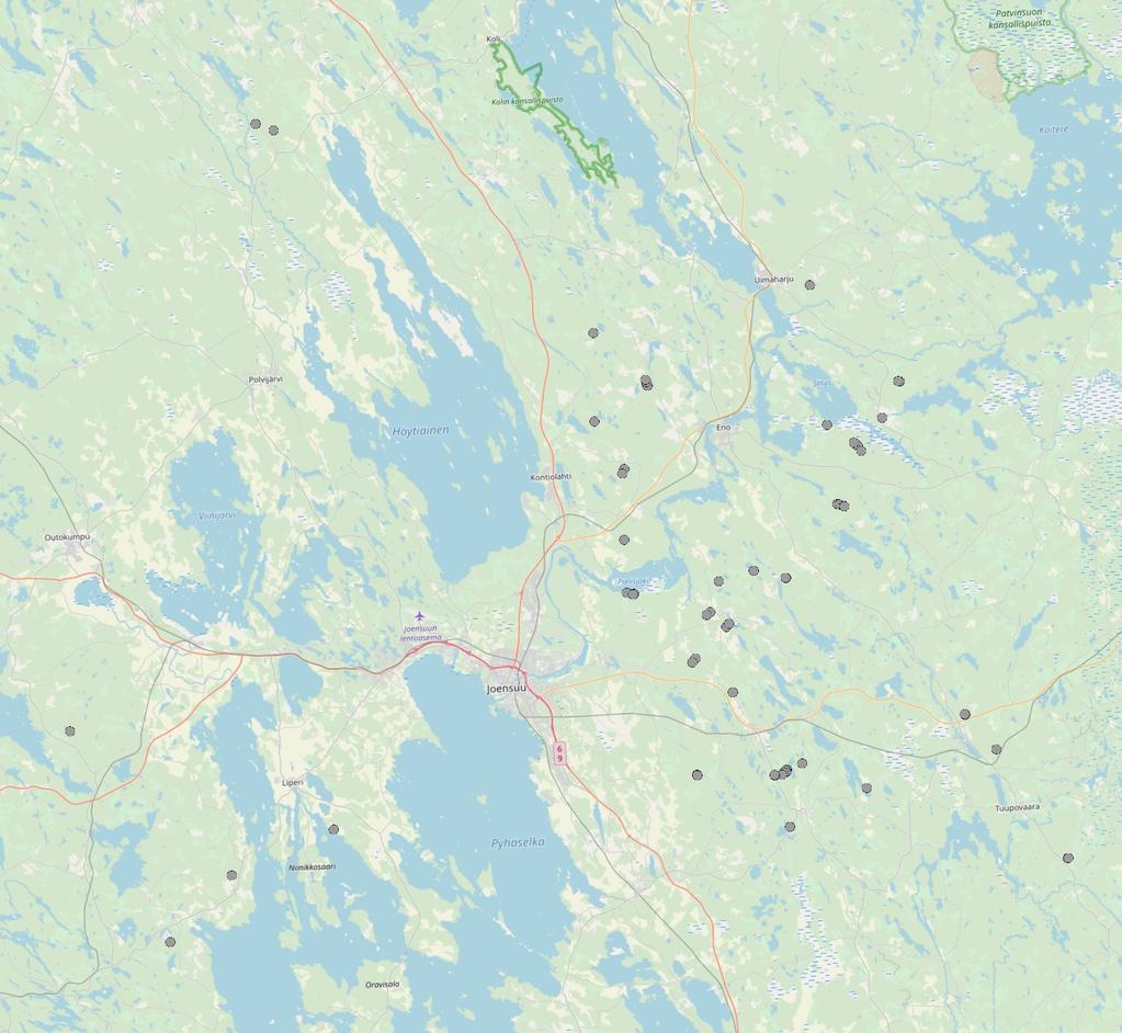 Tutkimuskohteet Tutkimuksessa käytetty aineisto kerättiin mäntyvaltaisilta harvennusleimikoilta Itä- Suomessa Joensuun seudulla kesä-lokakuussa 2017. Aineisto koostui 60 tutkimuskoealasta.