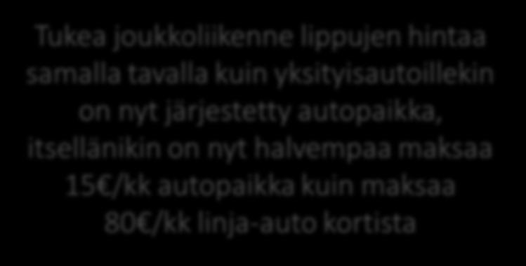 Kestävän liikkumisen kannusteet Joukkoliikenteen työmatkalippu lopettaisi lähes kokonaan minulta oman auton käytön. Pyörien huolto, jotta ovat turvallisia menopelejä Kypärä, sadeasu tms.