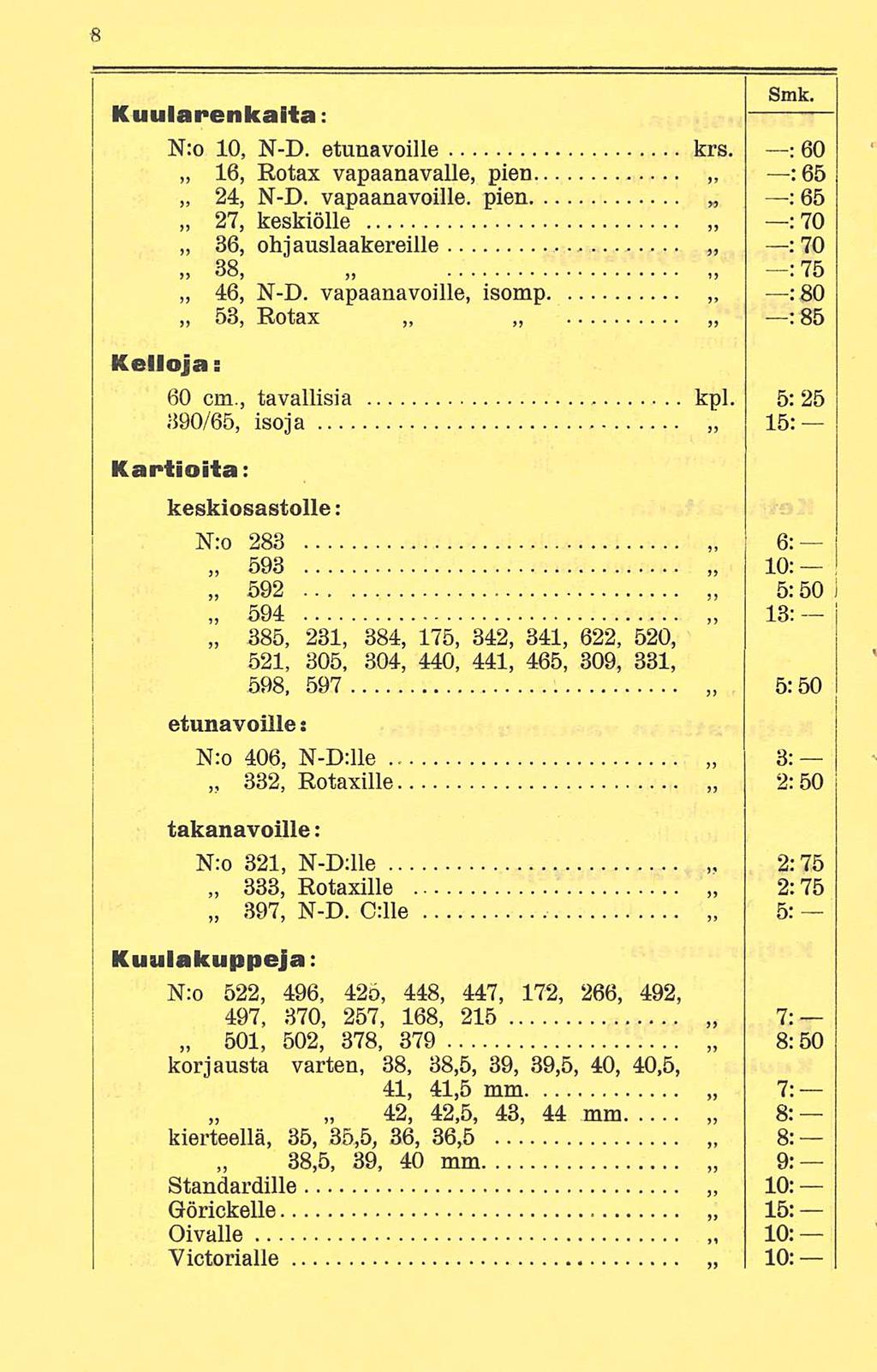 Kuularenkaita: N:o 10, N-D. etunavoilie krs. : 60 16, Rotax vapaanavalle, pien ; 65 24, N-D. vapaanavoille. pien : 65 27, : keskiölle 70 36, : ohjauslaakereille 70»38, : 75 46, N-D.