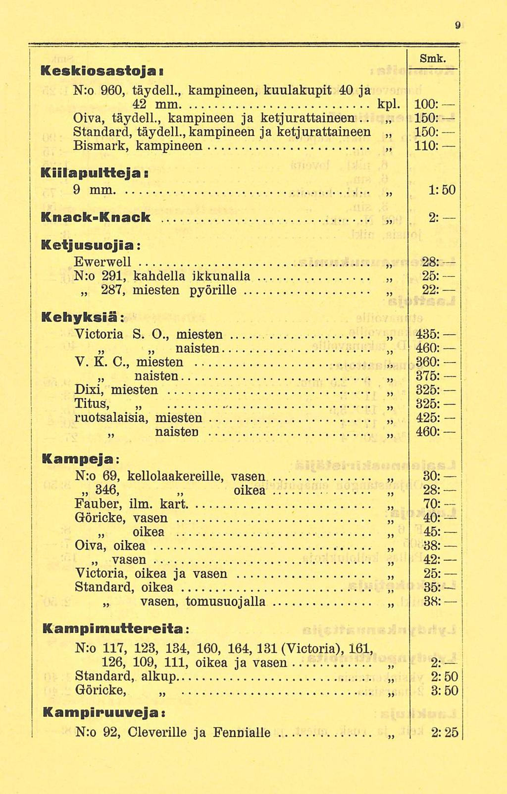 Keskiosastoja i N:o 960. täydell., kampineen, kuulakupit 40 ia 42 mm kpl. 100; Oiva, täydell., kampineen ja ketjurattaineen.. 150: Standard, täydell.