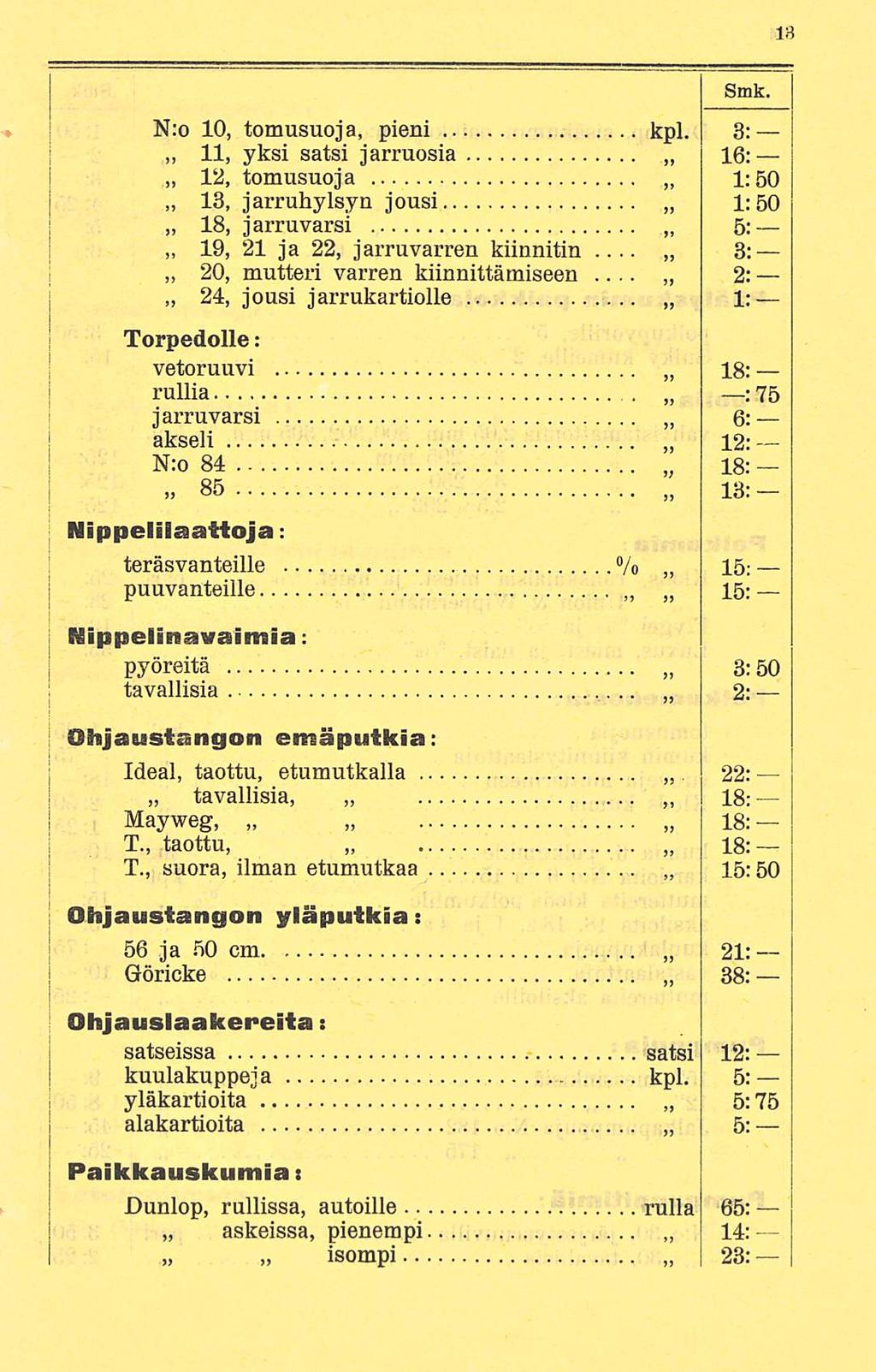 N:o 10, tomusuoja, pieni kpl. 3; 11, yksi satsi jarruosia 16; 12, tomusuoja 1:50 13, jarruhylsyn jousi 1:50 18, jarruvarsi 5: 19, 21 ja 22, jarruvarren kiinnitin.