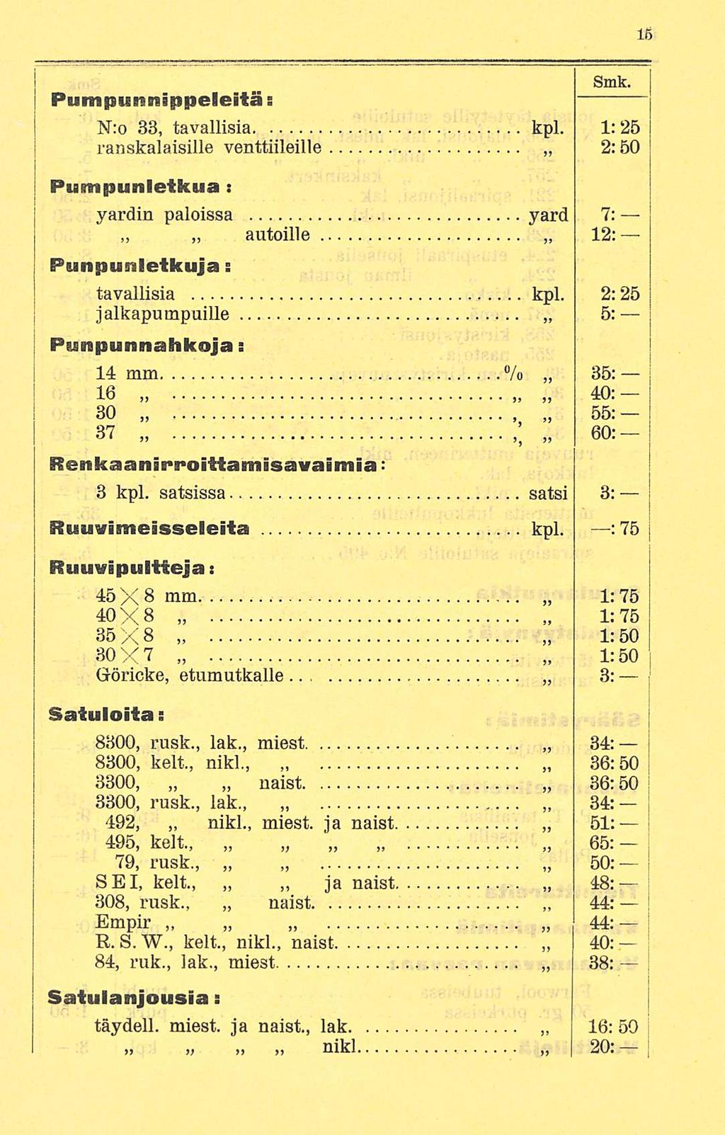 j Pumpunnäppeleitä; N:o 33, tavallisia kpl. 1; 25 ranskalaisille venttiileille 2:50 Punnpunletkua : yardin paloissa yard 7: 12: autoille Punpunletkuja s tavallisia jalkapurapuille kpl.