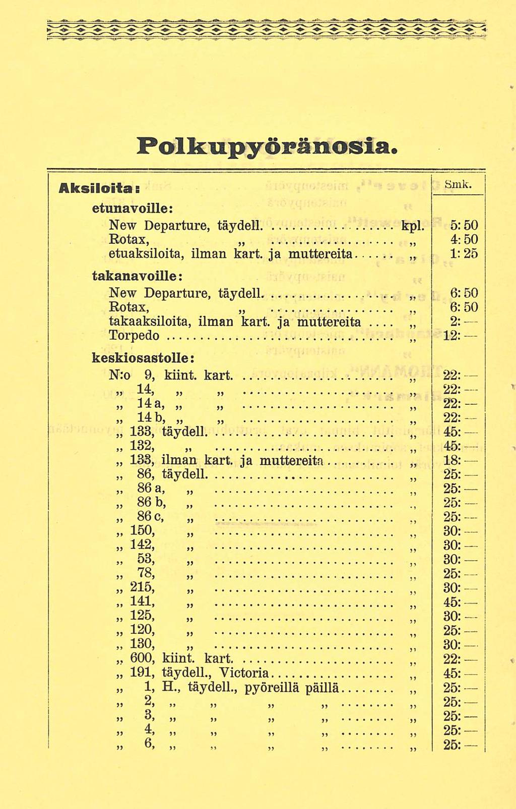 Polkupyörä nosia. Aksiloita: Smk etunavoille: New Departure, täydell kpl. 5:50 Rotax, 4:50 etuaksiloita, ilman kart.