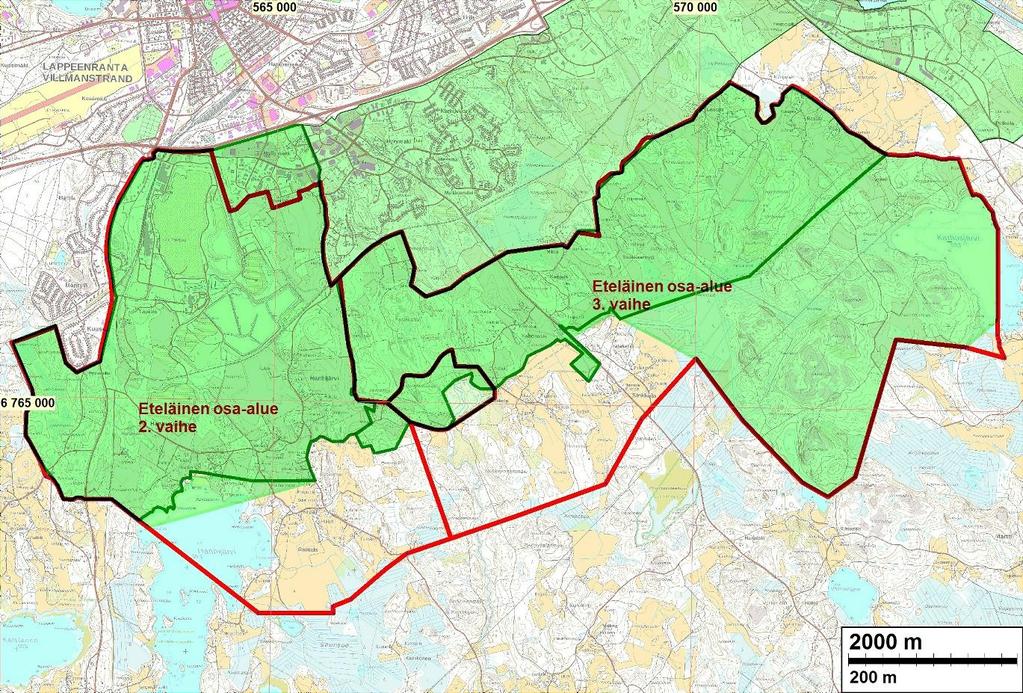 3 Punaisella eteläisen osa-alueen yleiskaavan 2. ja 3. vaiheen rajat. Vihreällä on merkitty aiemmin inventoidut alueet. 2. ja 3. vaiheen pohjoispuolella 1. vaiheen alue (vihreällä).