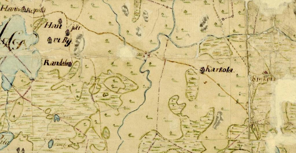 5 Sinipunaisella neliöllä v. 1767 (ja 1734) kartalta paikannetut vanhat talot.