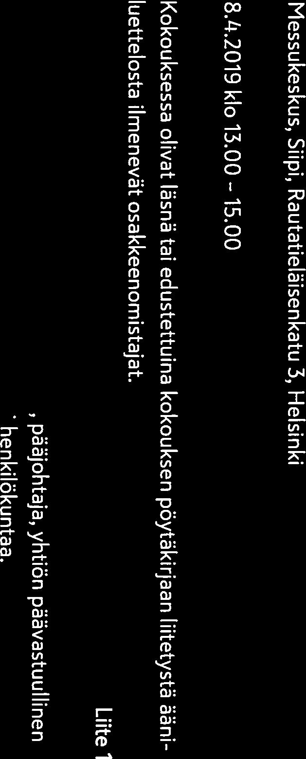 00 Läsnä Kokouksessa olivat läsnä tai edustettuina kokouksen pöytäkirjaan liitetystä ääni luettelosta ilmenevät osakkeenomistajat.
