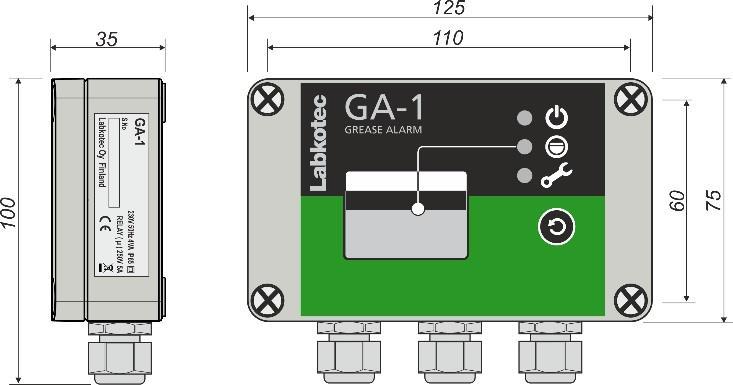 5 VA GA-SG1 anturi 250 V, 5 A Potentiaalivapaa vaihtokosketin. Toimintaviive 10 sekuntia. Rele on aseteltu päästämään kytkentärajalla.