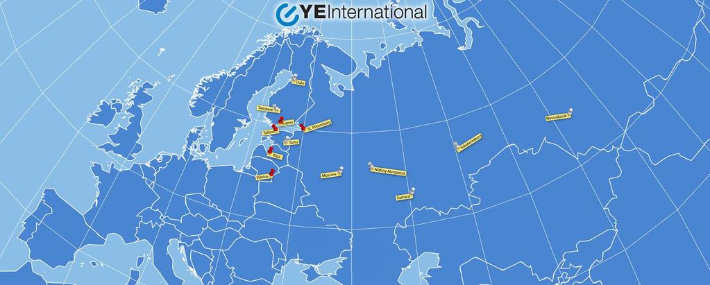 Toimipisteet vuonna 2018 Espoo, Tampere, Oulu, Pietari, Moskova, Nizni