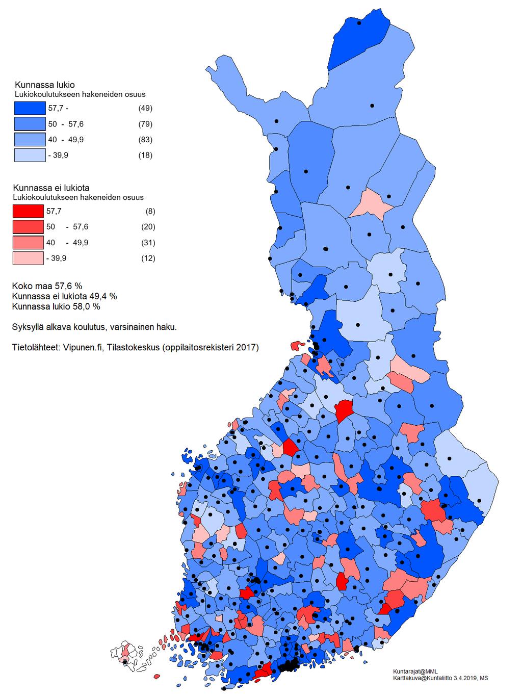 Perusopetuksen päättävien hakeutuminen lukiokoulutukseen lukiopaikkakunnilla ja ei-lukiopaikkakunnilla