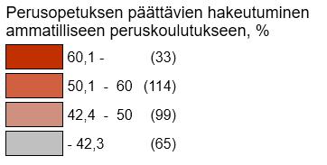 Perusopetuksen päättävien hakeutuminen ammatilliseen koulutukseen Yhteishaussa ( * ensisijaisesti ammatilliseen koulutukseen hakeneiden %-osuudet perusopetuksen päättäneistä 2017-2019 kunnittain.