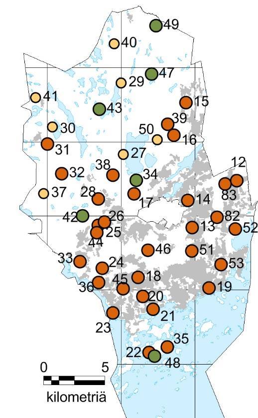ESPOO 31 taajama-alaa 6 tausta-alaa poistuvia tausta-aloja 7 Bioindikaattoriseurannan havaintoalat Espoon kaupungin alueella.