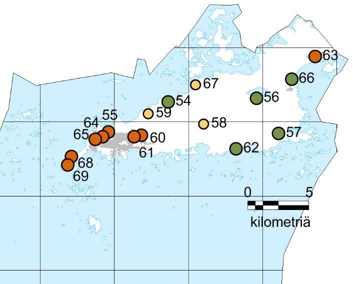 HANKO 8 taajama-alaa 5 tausta-alaa poistuvia tausta-aloja 3 Bioindikaattoriseurannan havaintoalat Hangon kaupungin alueella.