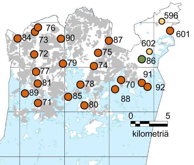 HELSINKI 21 taajama-alaa 1 tausta-ala poistuvia tausta-aloja 2 Bioindikaattoriseurannan havaintoalat Helsingin kaupungin alueella.