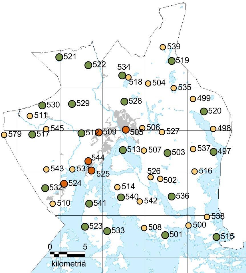 PORVOO 5 taajama-alaa 21 tausta-alaa poistuvia tausta-aloja 23 Bioindikaattoriseurannan havaintoalat Porvoon kaupungin alueella.