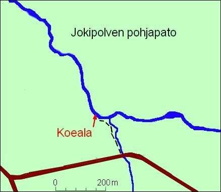 10 3.3 Jokipolven pohjapato Jokipolven pohjapato sijaitsee Uimarannankoskesta noin 4 kilometriä ylävirtaan (Kuva 6). Koski on noin 30 metriä pitkä, mutta pudotuskorkeutta yli metri.