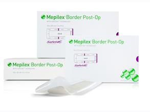 Haavasidos, kiinnittyvä, steriili Mepilex Border Post-Op (Mölnlycke Health Care Oy) suunniteltu kirurgisille kohtalaisesti/runsaasti erittäville leikkaushaavoille silikonikiinnitteinen molempiin