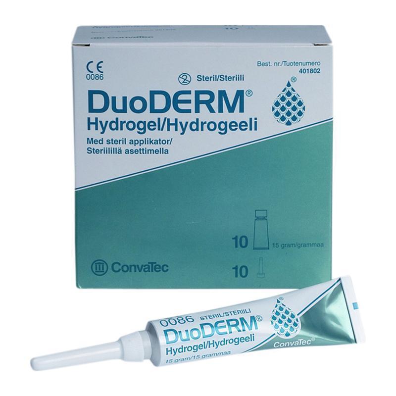 Haavageeli, hydrogeeli, steriili DuoDERM hydrogeeli, 15g, 10 pkl (ConvaTec) kirkas, vesipohjainen sisältää hydrokolloideja ja propylenglykolia kuivalle haavalle kosteuttamaan nekroottisissa haavoissa
