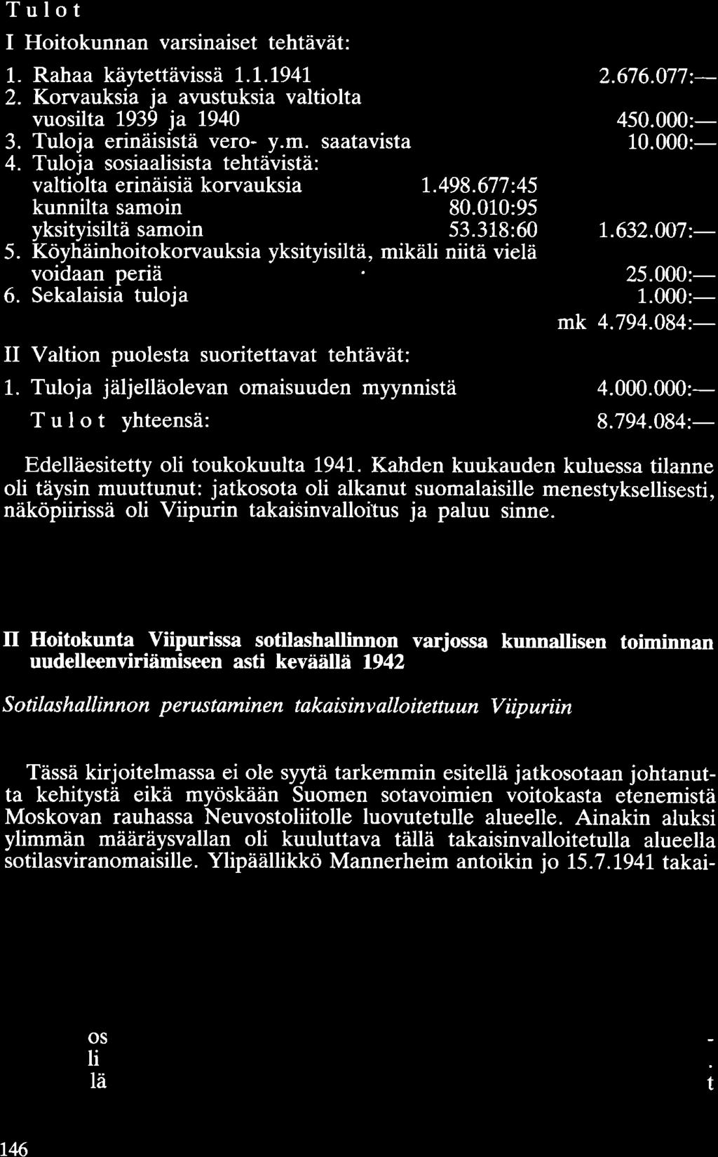 Tulot I Hoitokunnan varsinaiset tehtävät: 1. Rahaa käytettävissä 1.1.1941 2. Korvauksia ja avustuksia valtiolta vuosilta 1939 ja 1940 3. Tuloja erinäisistä vero- y.m. saatavista 4.