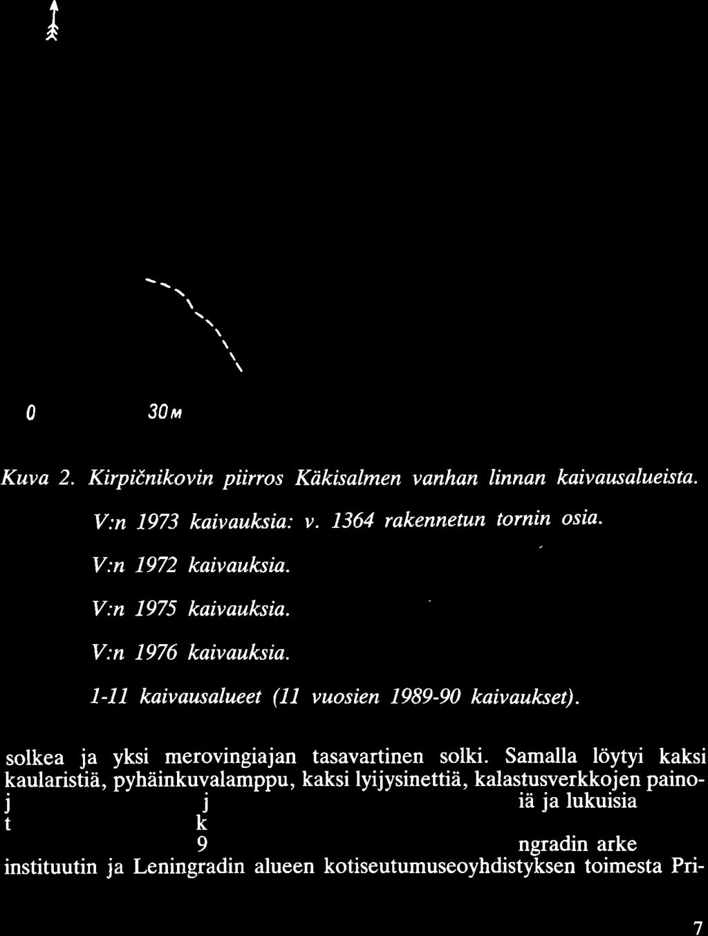 0 Kuva 2. Kirpicnikovin piirros Käkisalmen vanhan linnan kaivausalueista. [5TI - V:n 1973 kaivauksia: v. 1364 rakennetun tornin osia. V:n 1972 kaivauksia. V:n 1975 kaivauksia. V:n 1976 kaivauksia.