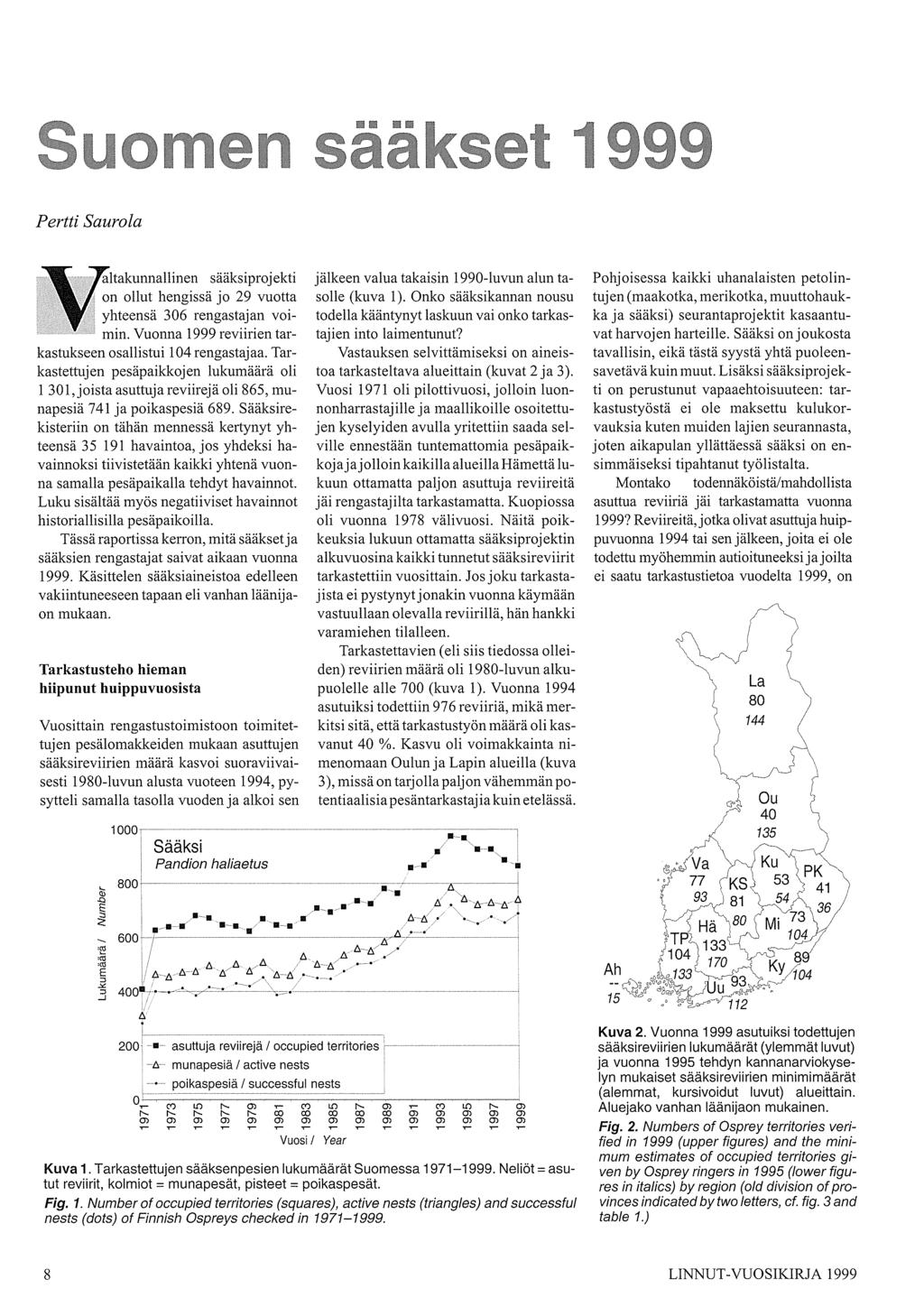 Pertti Saurola sääksiprojekti n ollut hengissä jo 29 vuotta hteensä 36 rengastajan voi V:ltakunnallinen. ' min. Vuonna 1999 reviirien tarkastukseen osallistui 14 rengastajaa.