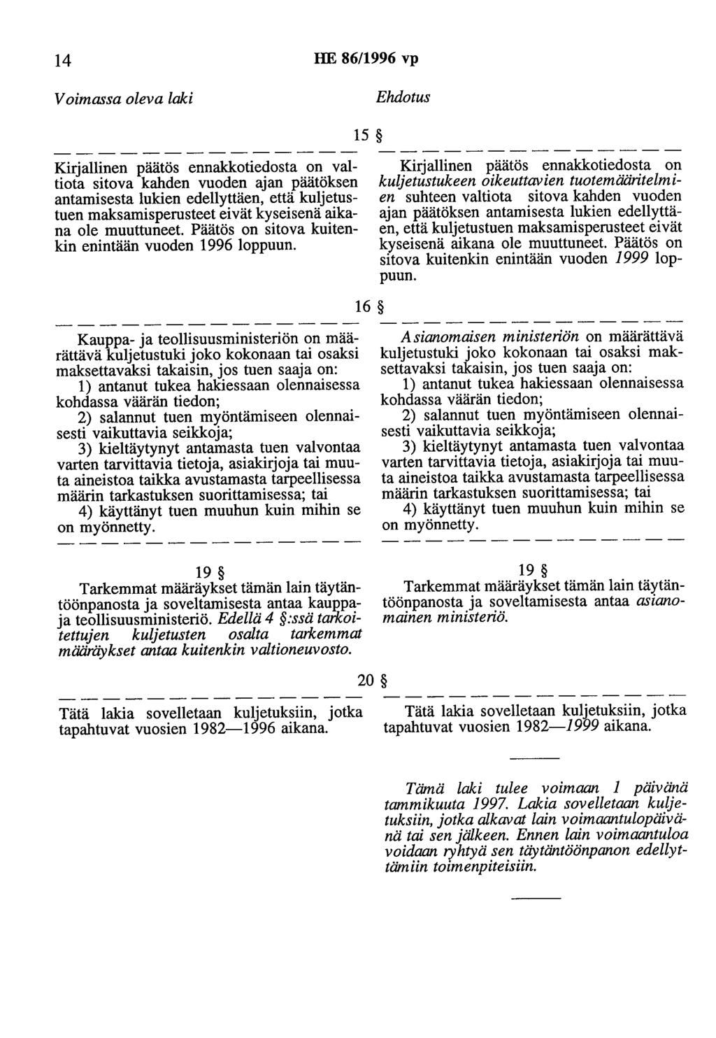14 HE 86/1996 vp Voimassa oleva laki Ehdotus 15 Kirjallinen päätös ennakkotiedosta on valtiota sitova kahden vuoden ajan päätöksen antamisesta lukien edellyttäen, että kuljetustuen maksamisperusteet