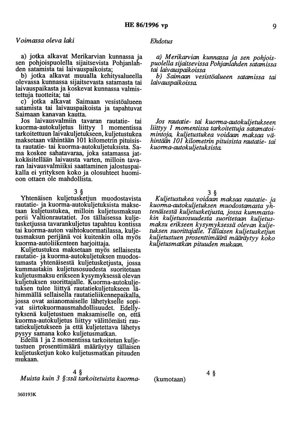 HE 86/1996 vp 9 Voimassa oleva laki a) jotka alkavat Merikarvian kunnassa ja sen pohjoispuolella sijaitsevista Pohjanlahden satamista tai laivauspaikoista; b) jotka alkavat muualla kehitysalueella