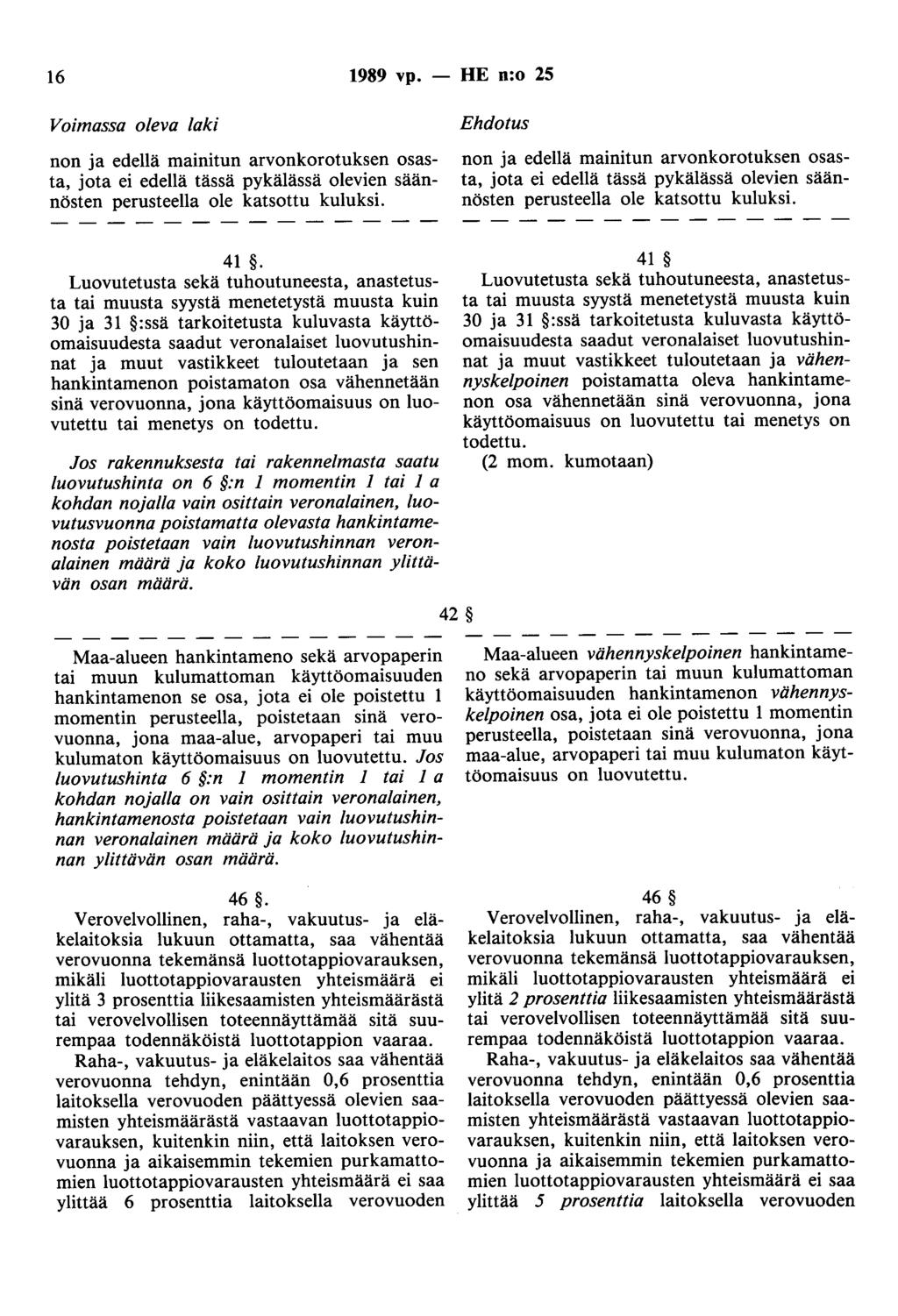 16 1989 vp. - HE n:o 25 Voimassa oleva laki non ja edellä mainitun arvonkorotuksen osasta, jota ei edellä tässä pykälässä olevien säännösten perusteella ole katsottu kuluksi.