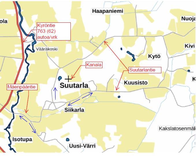 Kuva 3.3 Pääasialliset kuljetusreitit ja liikennemäärät. Suluissa raskaan liikenteen osuus. 3.7 