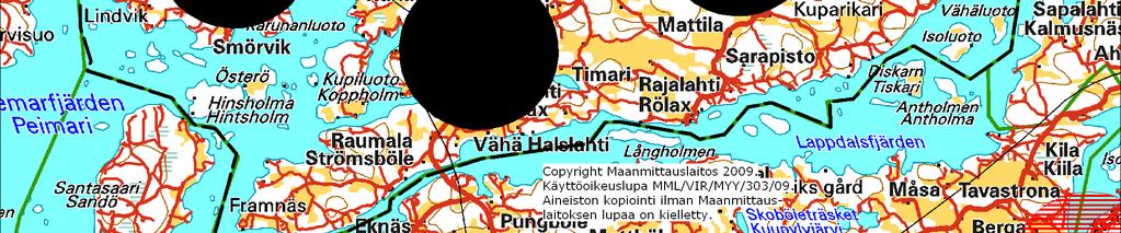 Tukikelpoinen alue muodostuu punaisella ja mustalla ympyrällä rajattujen alueiden ulkopuolelle jäävästä