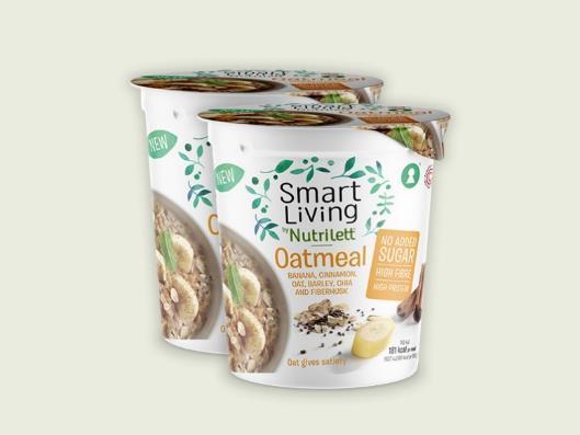 Nutrilett Smart Living Oatmeal Banana&Cinnamon Oatmeal Banana&Cinnamon Ainesosat: Kaurasta tehty täysjyväjauho (77 %), maitoproteiiniisolaatti, kananmunajauhe, psylliuminsiemenkuoret (4,2 %),