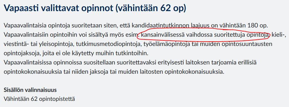 Esimerkki: Maininta vapaavalintaisissa opinnoissa